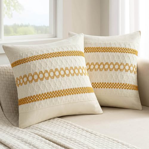 Set of 2 Mustard Yellow Boho Decorative Pillow Covers 20x20 Inch (2 Count)