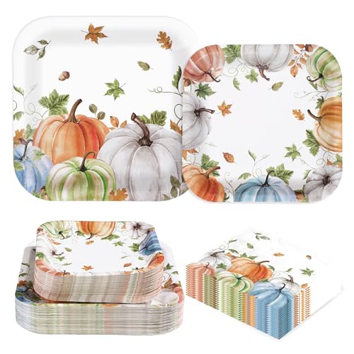 200Pcs Fall Plates and Napkins Square Autumn Pumpkin Plates Thanksgiving Paper Platter Tableware Sets for Thanksgiving Harvest Party Decorations (200 Count)