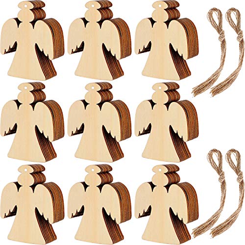 60 Pieces Christmas Wooden Ornaments 3.5" Round Wood Slices Snowflake Angel Shape with Cords for DIY Crafts New Year Christmas Tree Pendant Ornaments