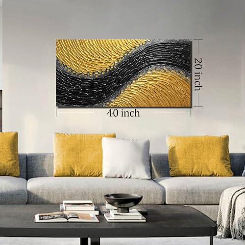 Abstract Painting Wall Art for Living Room Black and Gold Wall Art for Office 3D Textured Canvas Wall Decor for Bedroom Size 20 x 40 Inch