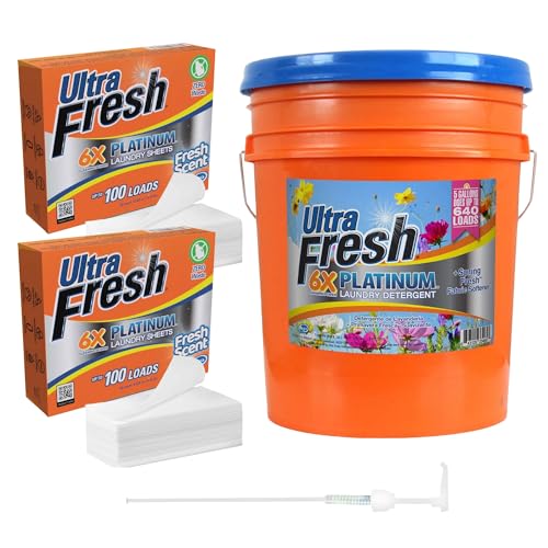 6X Platinum 5 Gal Laundry Detergent with Fabric Softener Bundled with 2 Pack Platinum 6X Laundry Detergent Sheets with Fresh Scent (640 Fl Oz)