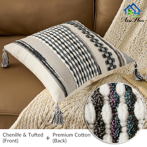 Chenille Striped Textured Boho Throw Pillow Covers Aesthetic with Tassels Woven Decorative Pillow Case for Couch Bed Sofa Bedroom Modern Funky 18 x 18