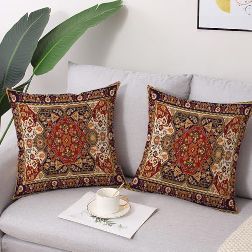 Outdoor Waterproof Pillow Covers 18X18 Inch Set of 2 Tribal Abstract Red and Yellow Vintage Carpet Pattern Decorative Farmhouse Pillow Covers for Couch Garden Balcony (8 Count)