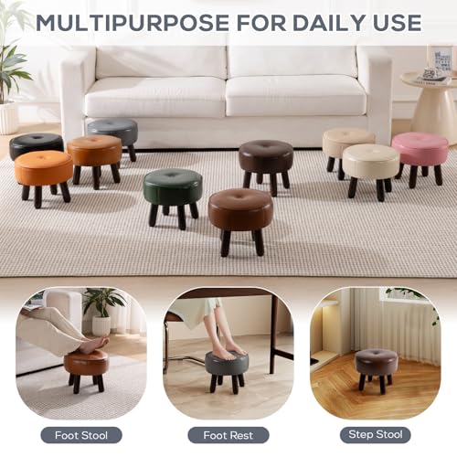 Round Leather Pouf Ottoman Footstool