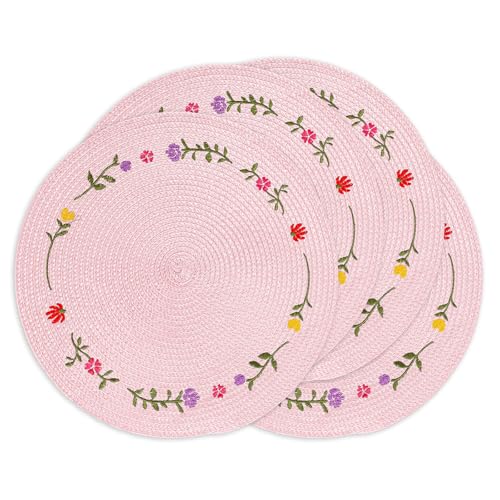 4Pcs Spring Flower Embroidered Placemats Round Place Mats Pink Floral Dinner Table Mats for Home Holiday Wedding Bridal Baby Shower Birthday Party Decor (4 Count)