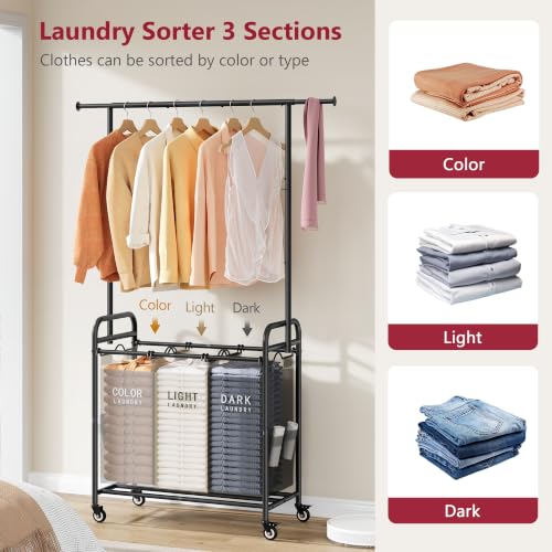 Laundry Sorter Cart with Hanging Clothes Rack