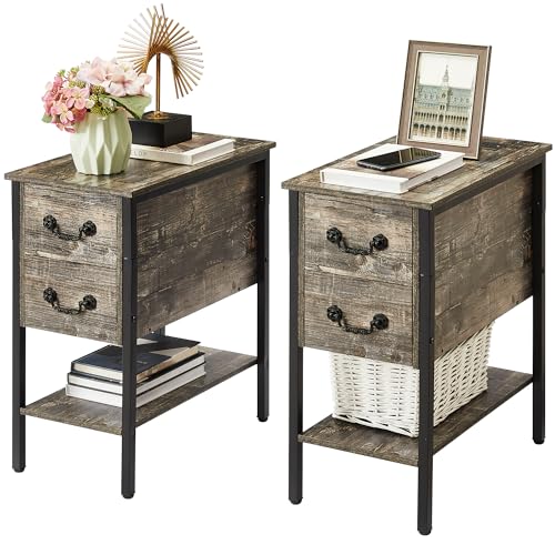 End Tables Narrow Nightstands with Charging Station & USB Ports &Drawers