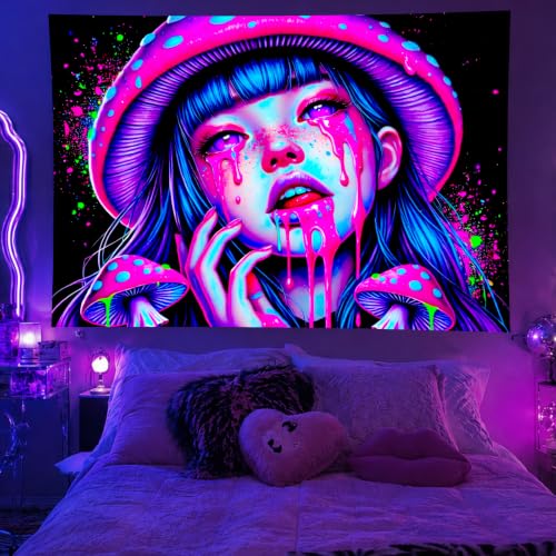 Blacklight Tapestry Girl 78x59 Inch Blacklight Mushroom Tapestry