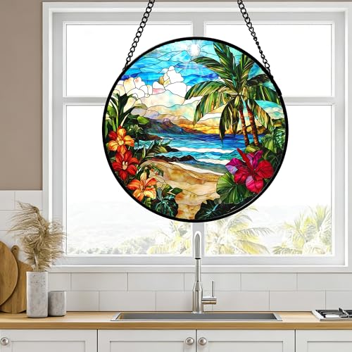 Tropical Hibiscus Beach Stained Glass Window Hanging Suncatcher Gifts 12"