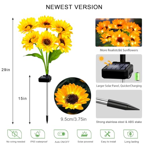 Solar Sunflower Lights 6 Pack with 36 Sunflower Solar Lights Outdoor Garden Decor Birthday Gift for Mom Women Grandma (36 Count)