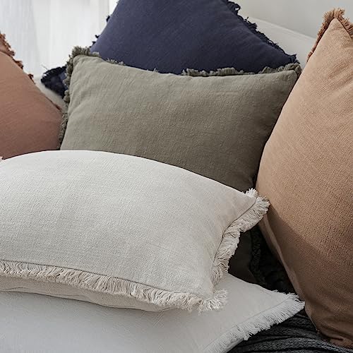 Boho Linen Fringe Lumbar Throw Pillow Covers 12×20 Natural Beige (2 Count)