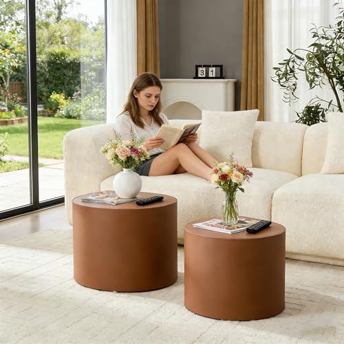 19.09" Modern Leather Round Coffee Table Set