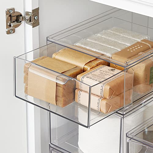 Plastic Stackable Bathroom Storage Organizer Bin Containers with Front Pull Drawer for Bathroom Countertop