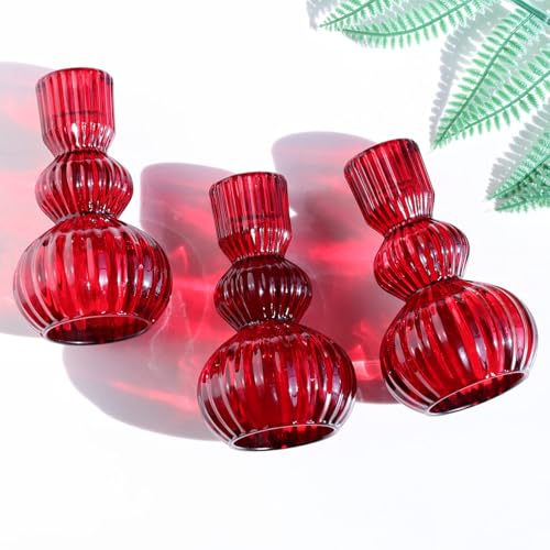 3pcs Red Taper Candle Holders Glass (3 Count)
