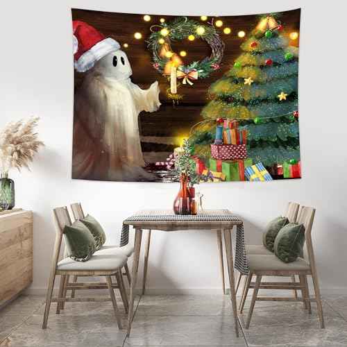 Christmas Tapestry Wall Hanging Christmas Tree Backdrop Cute Ghost Wall Decor Xmas Holiday Tapestries for Kids Bedroom Living Room Dorm Party Decoration