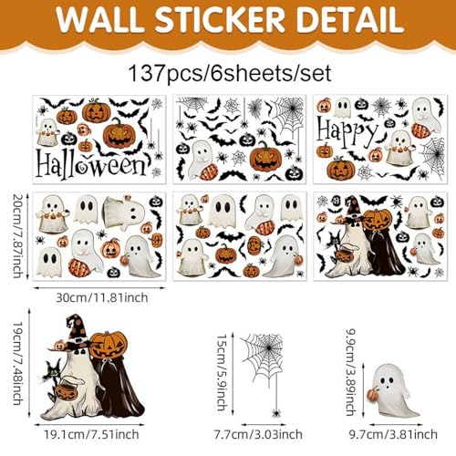 Halloween Ghost Window Clings for Glass 6 Sheets Cute Window Decals Spooky Window Stickers Pumpkin Spider Windows Cling for Halloween Fall Party Home School Office Glass Supplies Decorations (6 Count)