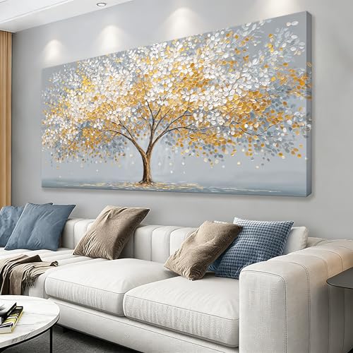 Canvas Wall Art Decor Gold Silver Tree of Life Canvas Art Wall Decor For Living Room Modern Botanical Nature Canvas Prints Elegant Metallic Leaf Tree Wall Art Decor For Bedroom Home Office Decor 20"×40"