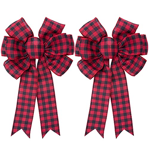 2 Pcs Large Red Black Buffalo Plaid Wreath Bows