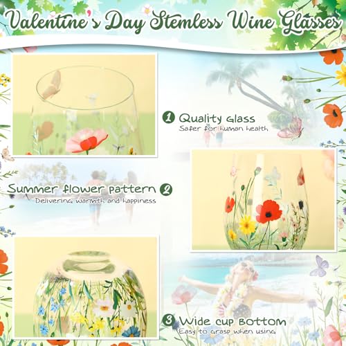 2 Pack 17oz Wildflower Stemless Wine Glasses Floral Butterfly Drinking Glasses Spring Flowers Tumbler Cups for Graduation Wedding Mother's Day Birthday Drinking Party Favors (2 Count)