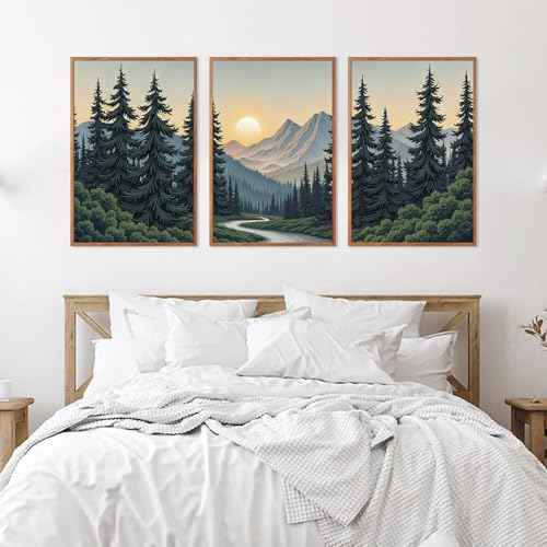 Boho Mountain Sun Forest Framed Canvas Wall Art