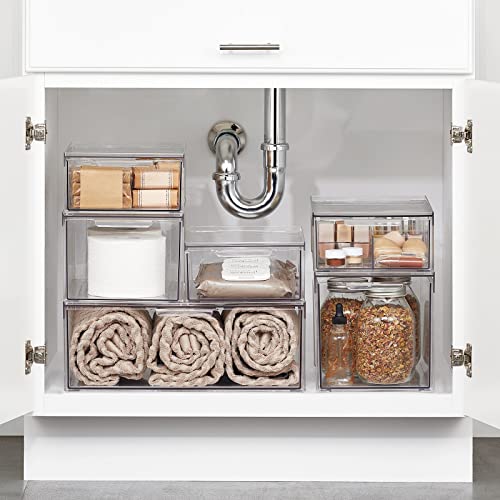 Plastic Stackable Bathroom Storage with Pull Out Bin Organizer Drawer for Cabinet