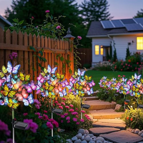 Solar Garden Lights Outdoor Waterproof Decorative Solar Lights Outdoor 8 Pack with 176 LED 136 Butterfly Flower Garden Decor Yard Decorations Patio Lawn (8 Count)