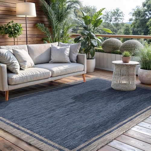 Outdoor Rug 9x12 Bordered Navy Blue Gray Modern Large Area Rugs for Indoor and Outdoor Patios (108 Sq Ft)