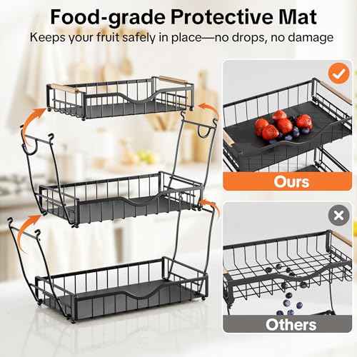 3 Tier Fruit Basket for Kitchen Countertop with 2 Banana Hangers