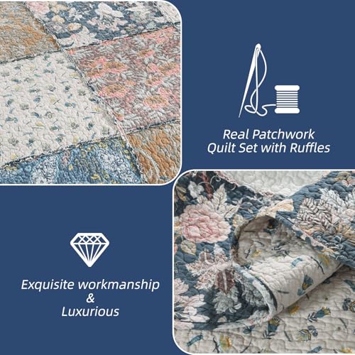 3 Piece Quilt Set Queen Size Quilted Bedspread Reversible Country Style Blue Floral Paisley Real Patchwork Bedding Quilt Set with Ruffles with Pillowcases for All Seasons