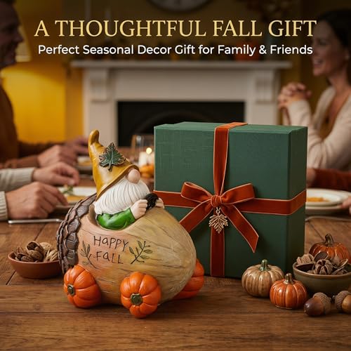 Fall Gnome Figurine with Acorn Car & Pumpkin Wheels