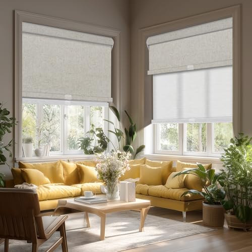 Cordless Dual Roller Shades.Linen Beige&See