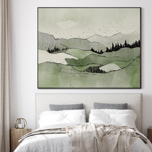 36"x46" Extra Large Framed Wall Art Green Line Art Mountain Landscape Illustration for Home Living Room Bedroom Decor