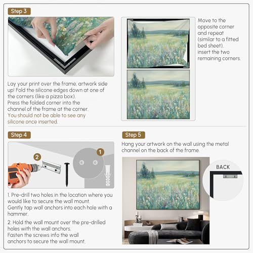 36"x46" Extra Large Framed Wall Art Wildflower Meadow Landscape Soft Pastel Nature Illustration for Home Living Room Bedroom Decor