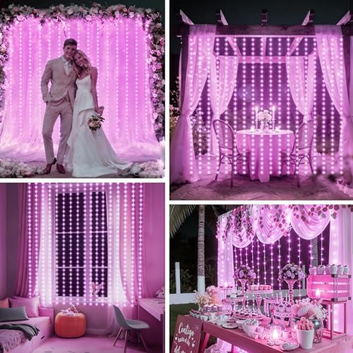 Curtain Lights Battery Operated 9.8 x 9.8Ft with Timer Pink (300 Count)