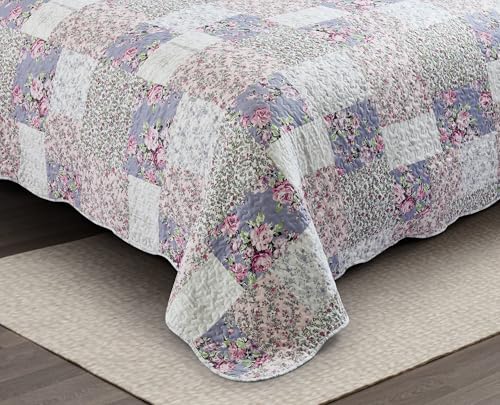 Blue & Pink Roses Toile Lively Patchwork Quilt Set