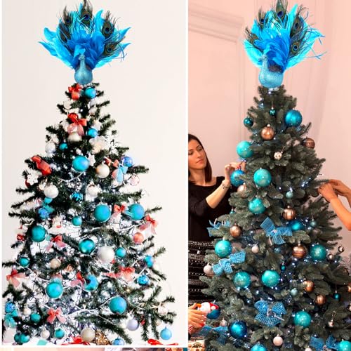 15 Inch Christmas Peacock Tree Topper Peacock Christmas Ornaments Artificial Feather Glitter Blue Ornament for Xmas Tree Decor Indoor Outdoor Home