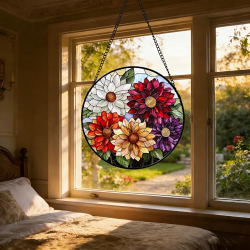 Stained Glass Window Hanging Color Dahlia Suncatcher Gifts for Women 9.8"