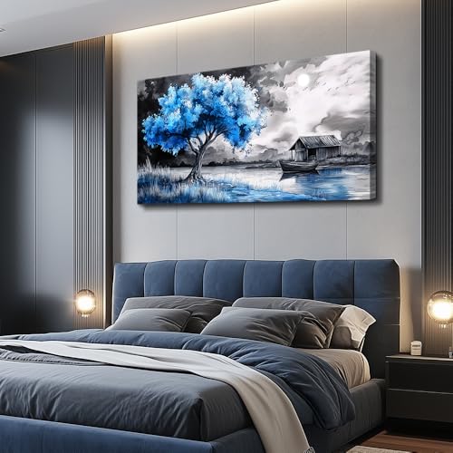 Large Wall Art For Living Room Wall Decor For Bedroom Black White Scenery And Blue Trees Wall Painting Modern Home Decoration Room Office Restaurant Canvas Art Prints Home Decor 20x40 In