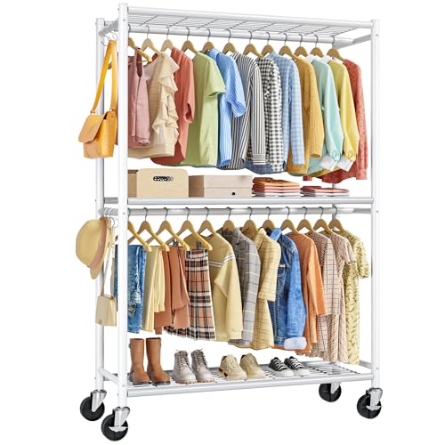 Clothes Rack Double Hanging Rod Clothing Rack with Wheels & Leveling Feet