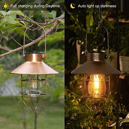 Solar Lantern Outdoor Hanging Light Metal Farmhouse Solar Lamp with Warm White Edison Bulb Design for Garden Yard Patio Porch Decor