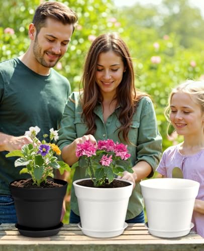 7.5 Inch Plastic Flower Pots with Drainage Holes and Trays (8 Count)