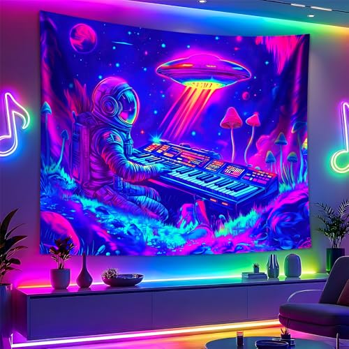 Blacklight Space Astronaut Tapestry UV Reactive Galaxy Planet Glow in Dark Tapestries Black Light Poster Neon Wall Hanging Art for bedroom Living Room