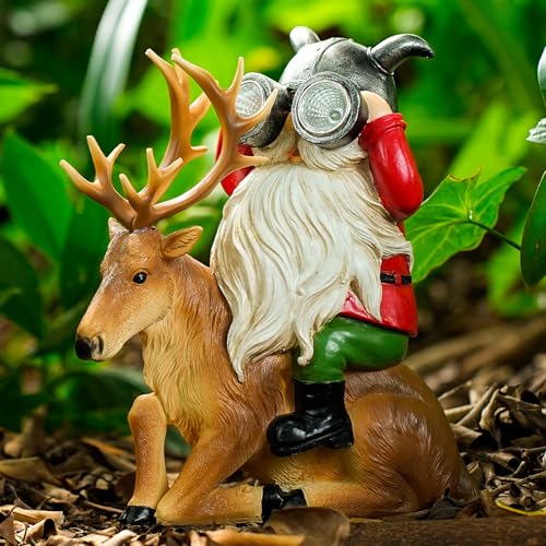Garden Gnome Statues Resin Gnome Sitting On Deer Statues Solar Lights Outdoor Telescope Gnome Gifts for Yard