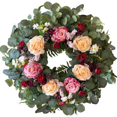 24 Inch Pink Champagne Rose Spring Wreath for Front Door