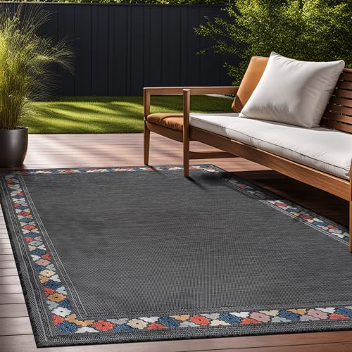 Outdoor Rug 9x12 Modern Bordered Large Area Rugs for Indoor and Outdoor Patio Easy to Clean Non Shedding Living Room Porch Garden Washable Outside Carpet