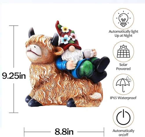 Garden Gnomes Decor Outdoor Statues Gnome on Highland Cow Hold Solar Cup Light Outdoor Decorations for Patio