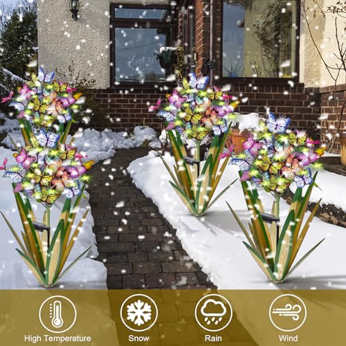 Solar Metal Agave Butterfly Flower Stick Garden Sculpture Outdoor Gift Solar Garden Christmas Lights Swaying Butterfly Sunflower Garden Lights Solar Outdoor Statues (3 Count)