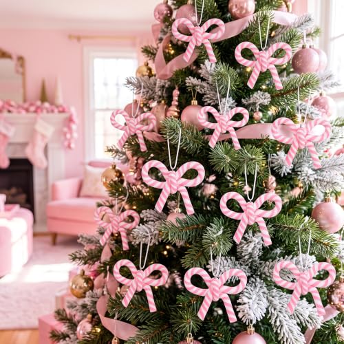 32 Pcs Pink White Bow Candy Cane Hanging Ornaments Christmas Tree Decor (32 Count)