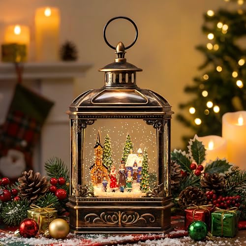 Christmas Snow Globe Lantern Water Glittering Town Home with Carolers