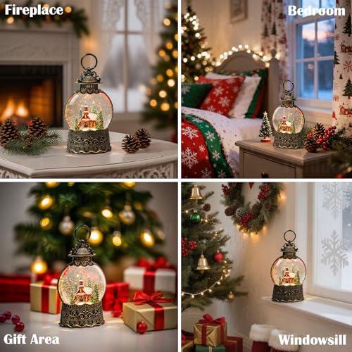 Village Snow Globe Christmas Decorations Indoor Church Snowman Snow Village Scene Gifts Classic Relief Texture Musical Glitter Snowfall USB